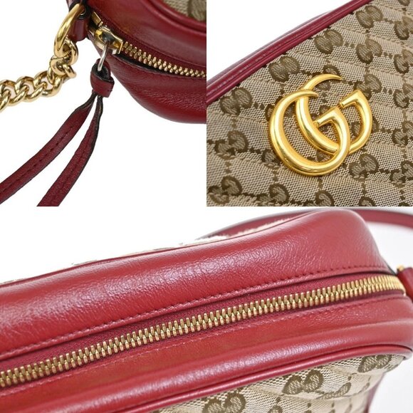 GUCCI Marmont GG Pattern Chain Shoulder Bag Canvas Leather Brown Red - Picture 9 of 14